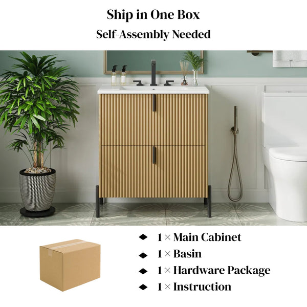 English Elm Christopher Knight Home® - 30" Bathroom Vanity With Elegant Ceramic Sink, Soft-Close Drawers & Fluted Design For Modern Spaces N817P288931N