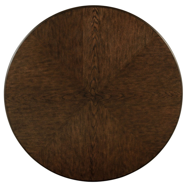 English Elm Claire Colonial Round Dining Set Seats Six with Upholstered Chairs in Warm Brown B062S01845