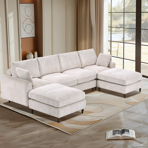 English Elm Modern corduroy modular sectional sofa U‑ or L‑shape convertible oversized seating with storage pockets adjustable headrests Beige W2121S00007