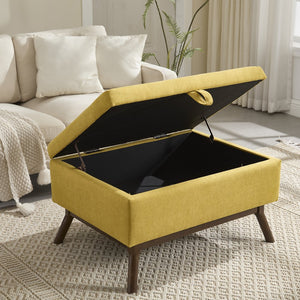 English Elm Mid-century square storage bench with solid wood frame, microfiber upholstery, versatile ottoman seat and tabletop functionality for living room and entryway appeal Yellow W1539P269657