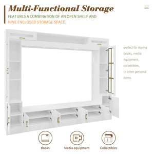 English Elm VIBE Luxury 98.4" Wall Unit Entertainment Center with Bookshelves, Tempered Glass Cabinets & Shelves White SJ000150AAK