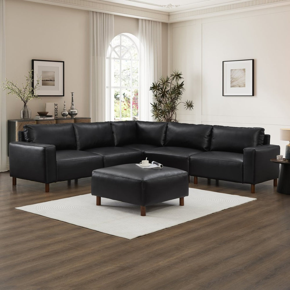 English Elm Modern Modular L-shaped Sectional in Matte Pu Leather with Ottoman Six Piece Black W1097S00264