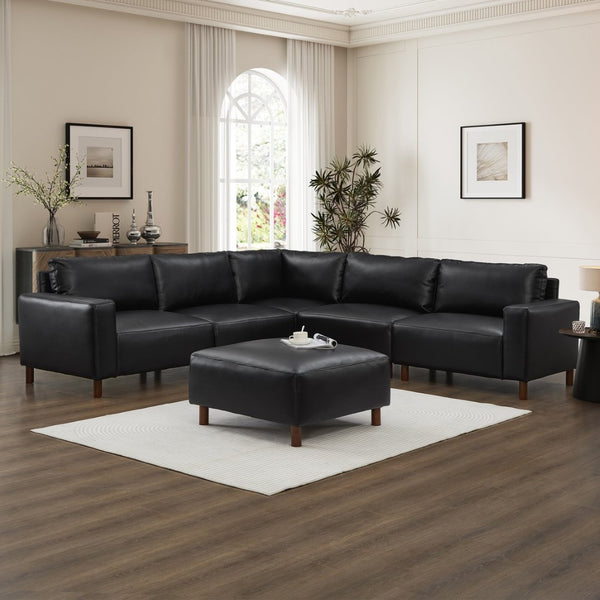 English Elm Modern Modular L-shaped Sectional in Matte Pu Leather with Ottoman Six Piece Black W1097S00264
