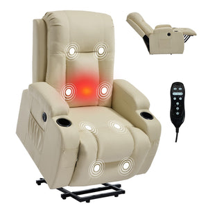 English Elm Beige Pu Leather Power Lift Recliner with Massage Lumbar Heat and Usb Charging Beige W1803S00085