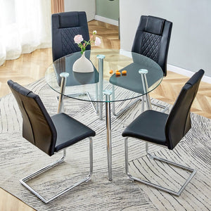 English Elm Table And Chair Set - Modern 38.6" Round Glass Dining Table With 4 Stylish Pu Chairs - Silver Legs W1151S03825-GIGA