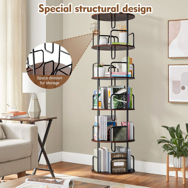 English Elm Rotating 5 Tier Spinning Bookcase Tower Slim 360 Degree Turntable Metal Frame Organizer Walnut Brown W3166P367347