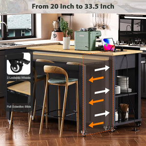 English Elm K&K 47 Inch Kitchen Island with Extendable Dining Table, Rolling Storage Cabinet, Built-In Power Black N707P215327B