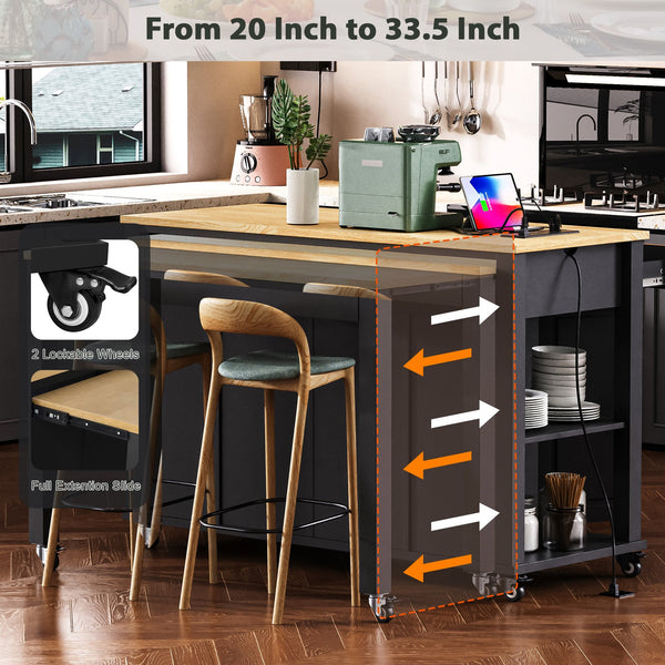 English Elm K&K 47 Inch Kitchen Island with Extendable Dining Table, Rolling Storage Cabinet, Built-In Power Black N707P215327B