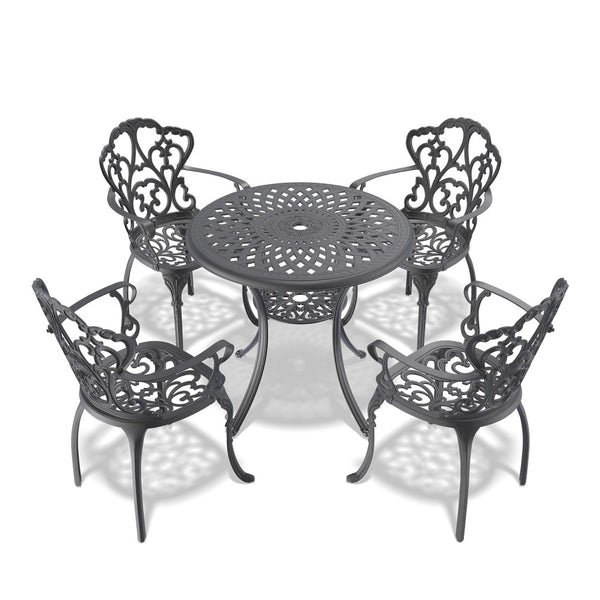 English Elm 5-piece Cast Aluminum Outdoor Dining Set with Ornate Relief Frames and Weather Resistant Cushions W1710S00540