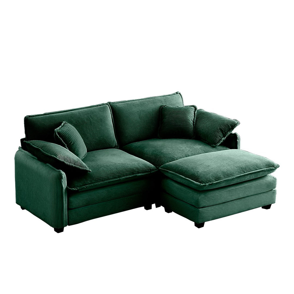 English Elm Two-Seater Sofa With Ottoman - Stylish L-Shaped Green Corduroy Couch For Small Spaces & Comfort W714S00730-GIGA