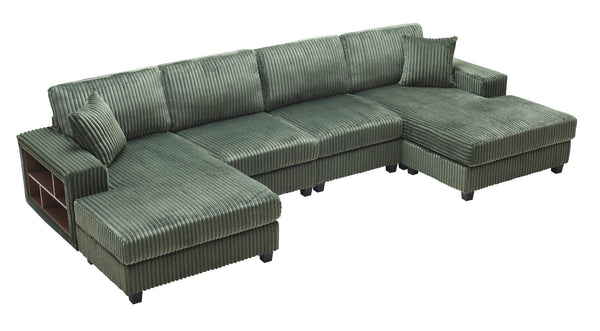 English Elm Convertible U-Shaped Sofa With Storage, Modern Corduroy Design For Spacious Living Rooms, Green W1793S00029