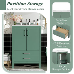 English Elm 24'' Green Bathroom Vanity with Ceramic Sink Combo — Modern Freestanding MDF & Solid Wood Storage, Soft-Close Doors, Silver Handles N710P228364F
