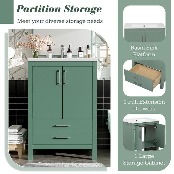 English Elm 24'' Green Bathroom Vanity with Ceramic Sink Combo — Modern Freestanding MDF & Solid Wood Storage, Soft-Close Doors, Silver Handles N710P228364F