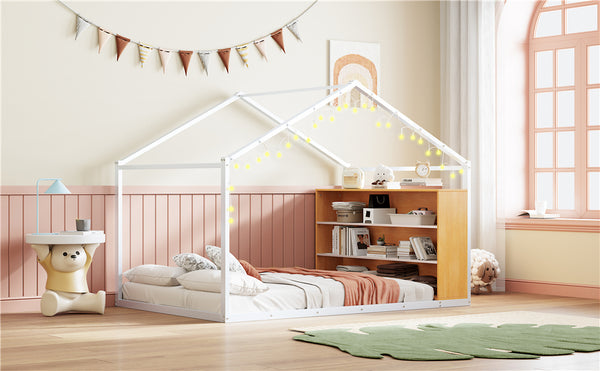English Elm Full House Bed Frame with Shelves & LED Lights — Metal + Wood Full-Size Playhouse Bed for Kids Room Decor White N737P176706K