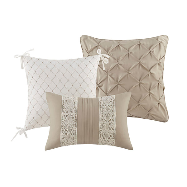JLA Home Madison Park - 7 Vintage Lace Trim Comforter Set with Pillows — Farmhouse Pintuck Texture, Hypoallergenic, Machine Washable Taupe MP10-8347