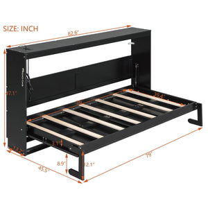 English Elm Twin-size Murphy Wall Bed with Led Lighting Usb Outlet and Decorative Printed Panel Black LP000355AAB