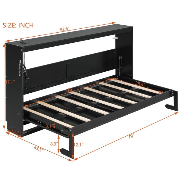 English Elm Twin-size Murphy Wall Bed with Led Lighting Usb Outlet and Decorative Printed Panel Black LP000355AAB