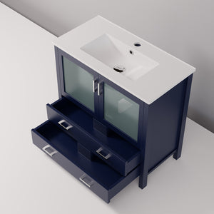 English Elm Navy Blue Bath Vanity 36” W X 18.25” D With White Ceramic Top, Soft-Close Drawers & Ample Storage B2731P260443