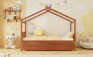 English Elm Twin House Bed Solid Pine Kids Cottage Frame with Storage Drawers Imaginative Room Walnut N708P309245L