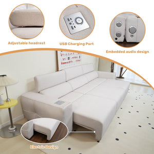 English Elm Power Reclining Sofa with Bluetooth Speakers Wireless Charging and Smart Home Theater Seating Light Grey W3795S00010