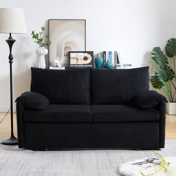 English Elm MH'' MH' 64.5 Inch Sleeper Sofa Bed with Corduroy Upholstery, Sturdy Wood & Iron Frame, 3-in-1 Convertible Comfort Black W1193S00125