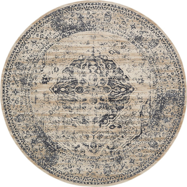 Unique Loom Chateau Hoover Machine Made Border Rug Dark Blue, Beige/Cream/Gray 8' 0" x 8' 0"