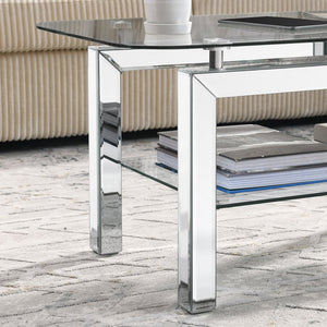 English Elm Rectangle Mirrored Tempered Glass Coffee Table with Lower Shelf, Modern Stainless Legs, Sleek Silver Finish W1005P261281