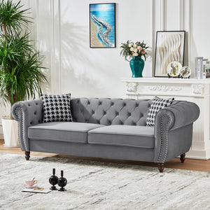 English Elm 87"Chesterfield Velvet Upholstery Sofa with Roll Armrests & Nailhead Trim, 3-Seater Luxurious Midcentury Design Grey W3373S00010