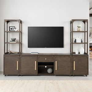 English Elm Transitional Vellara Entertainment Center Dark Walnut Finish 118"W x 78"H Recessed Panels, Gold Handles B2741S00692