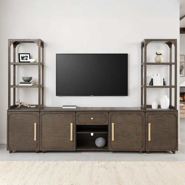 English Elm Transitional Vellara Entertainment Center Dark Walnut Finish 118"W x 78"H Recessed Panels, Gold Handles B2741S00692