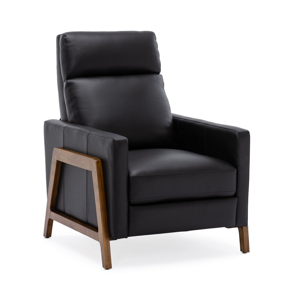 English Elm Richland Mid-Century Top Grain Leather Push Back Recliner with Exposed Wood Frame and Coil Seating Black B050P366074