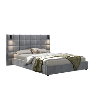 English Elm Queen Velvet Platform Bed Wide Headboard Built in Sconces Usb Ports Modern Bedroom N757Q200046G-1