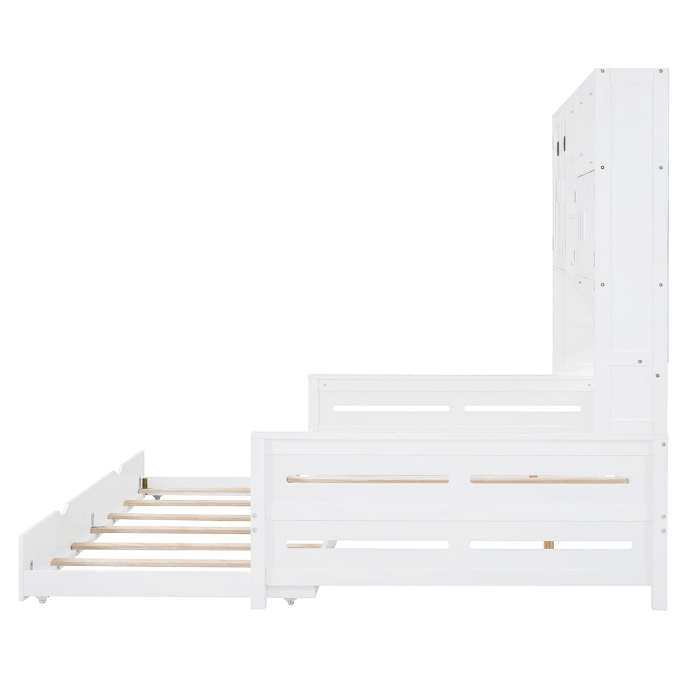 English Elm Full Size Wooden Daybed With Twin Trundle, Integrated Storage Cabinet & Stylish White Finish N820S00027K