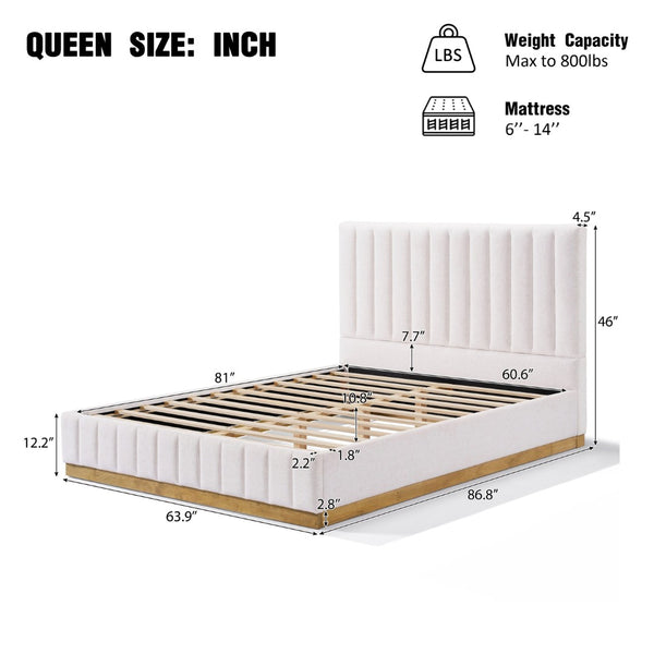 English Elm Queen Upholstered Bed Linen Fabric Channel Stitched Headboard Solid Wood Base Support N757Q338166I