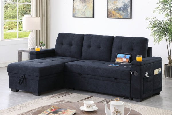 English Elm Aurora Woven Fabric Sleeper Sectional Sofa with Reversible Chaise and Built-in Storage Dark Gray B2749S00227