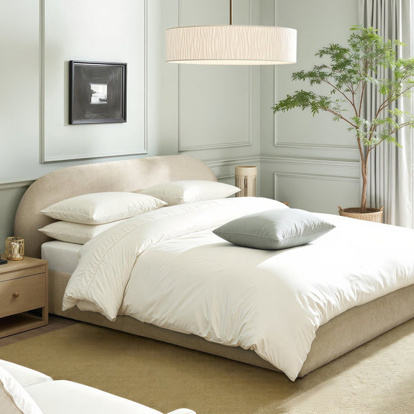 English Elm Jennifer Taylor Home - Archie Puffy Grounded Upholstered Platform Bed in Oatmeal Chenille — Arched Puffy Headboard, No-Box Spring Design, Durable Elegance (90") B2719P320241
