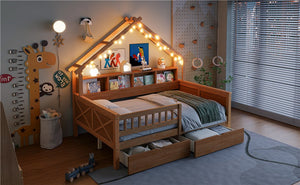 English Elm Wood Full Size Gaming Loft Bed with Integrated Desk, Shelves, LED Lighting & Hanging Clothes Rack Natural N7090001044N