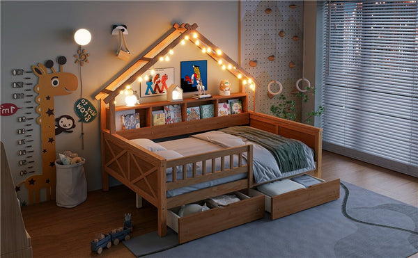 English Elm Wood Full Size Gaming Loft Bed with Integrated Desk, Shelves, LED Lighting & Hanging Clothes Rack Natural N7090001044N