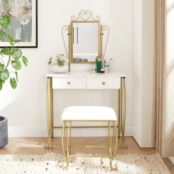 English Elm Vanity Table Set with Mirror Stool White Vintage Bedroom Dressing Storage Desk D66592206