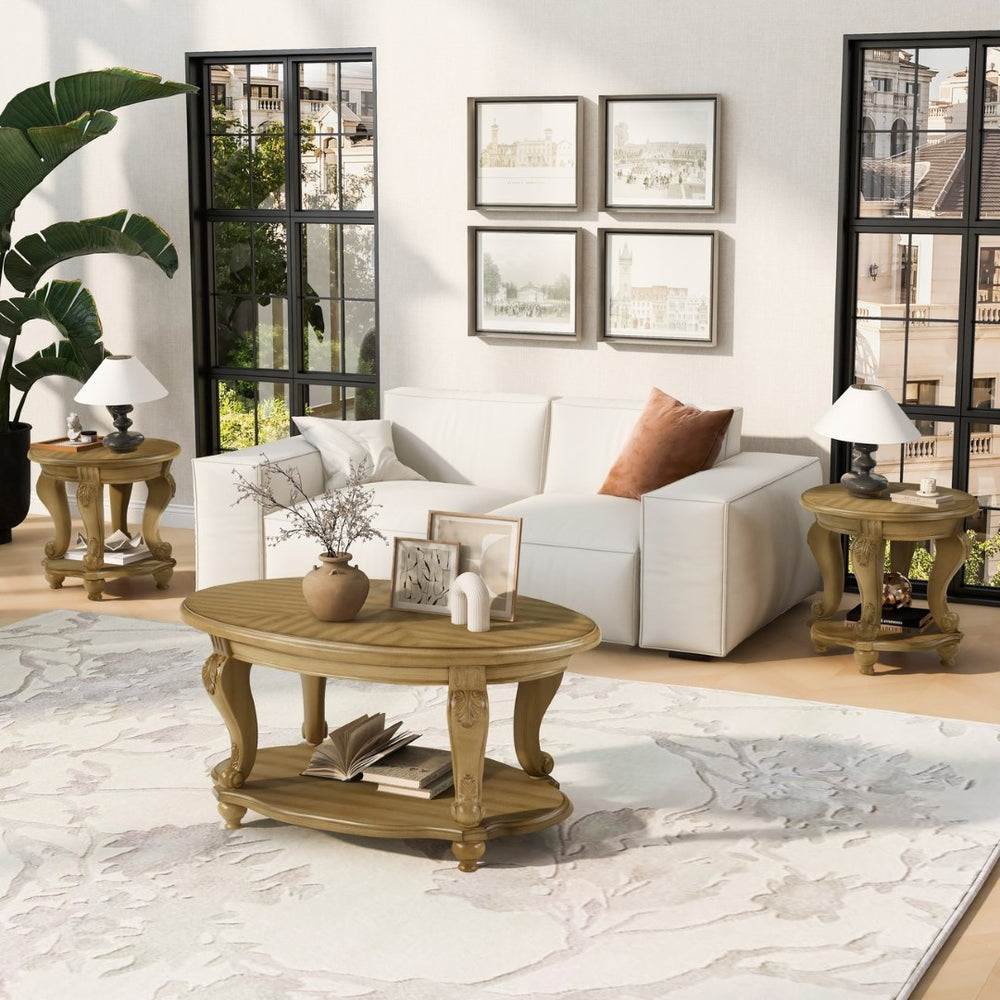 English Elm Living Room 3 Piece Coffee Table Set Oval Antique Floral Carved Wood Veneer W1202S00009