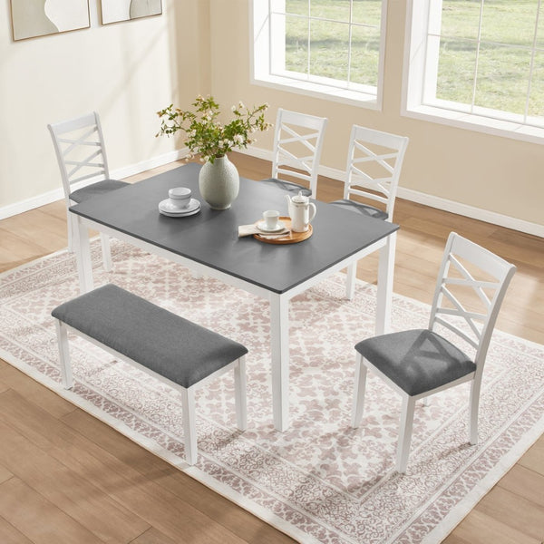 English Elm 6 Piece Rubberwood Dining Set with Bench and Linen Chairs for Transitional Kitchen W1998S00099