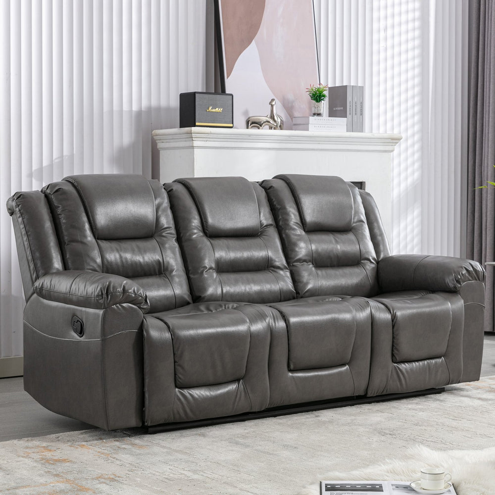 English Elm 3 Seater Home Theater Recliner with Dual Cup Holders PU Leather Comfort, Manual Infinite Recline, 350lb Capacity Grey WF323620AAE