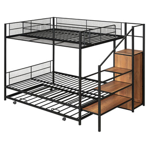 English Elm Twin Metal Bunk Bed with Trundle, Lateral Storage Ladder & Wardrobe | Space-Saving Durable Design Black SF000173AAB