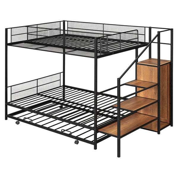 English Elm Twin Metal Bunk Bed with Trundle, Lateral Storage Ladder & Wardrobe | Space-Saving Durable Design Black SF000173AAB