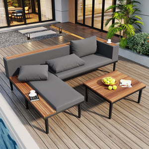 English Elm Luxury Acacia Wood Patio Sofa Set with Removable Cushions, L-Shaped Outdoor Conversation Sectional, Durable Iron Frame Gray N704G201251E