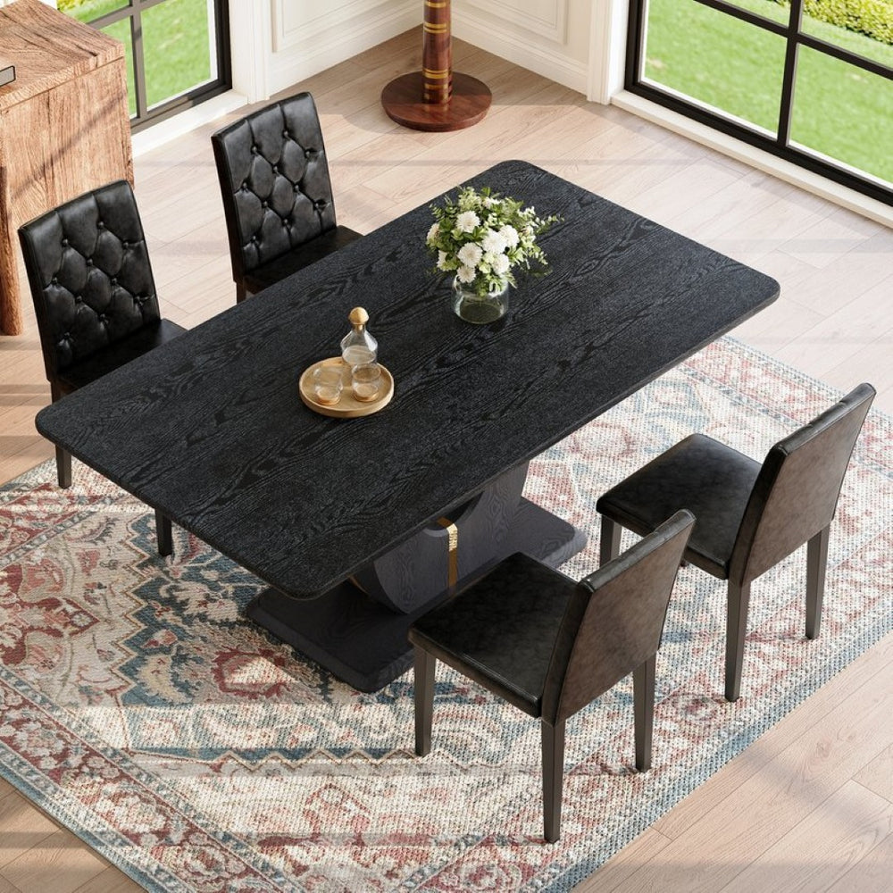 English Elm Black Wood Grain Mdf Dining Set Seats Four with Pu Leather Buckle Chairs Modern W1151S04431