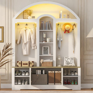 English Elm Multi-functional Hall Tree with Mdf Body Open Shelves Hooks and Scandinavian Two-tone Style White+Walnut SJ000158AAK