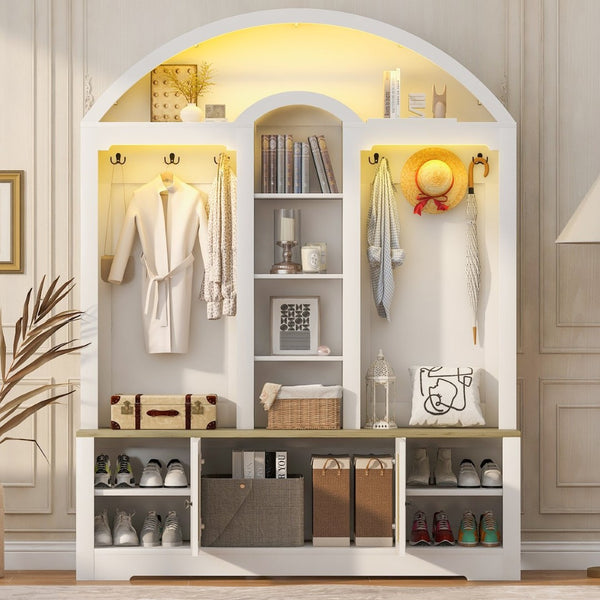 English Elm Multi-functional Hall Tree with Mdf Body Open Shelves Hooks and Scandinavian Two-tone Style White+Walnut SJ000158AAK