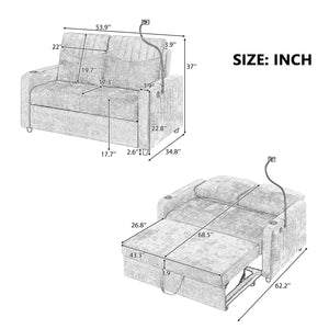 English Elm 53.9" Modern Loveseat Pull-Out Sofa Bed With Adjustable Backrest, Two Cup Holders , A Phone Holder, Three Charging Ports and Side Storage Pockets For Living Room, Grey