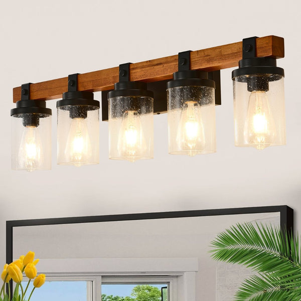 English Elm 5-light Matte Black Wood Accent Vanity Bar with Clear Glass Shades for Bath or Kitchen W5008P388945